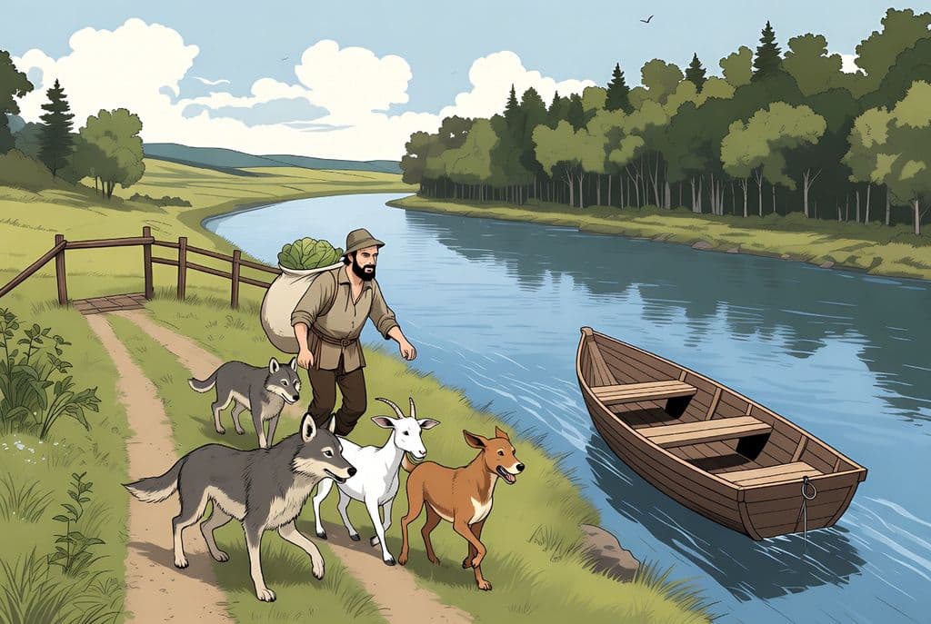 Селянин із двома вовками, собакою, козою і мішком капусти